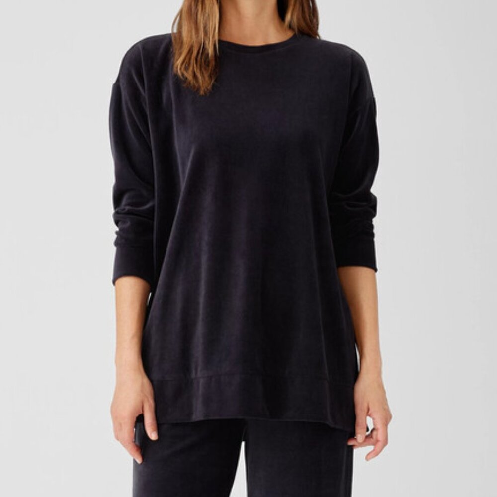 Eileen Fisher Cotton Velour Crew Neck Long Top - Size L